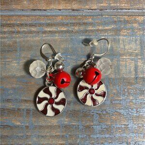 Peppermint Candy Swirl Dangle Earrings With Red Bells & Crystal Beads